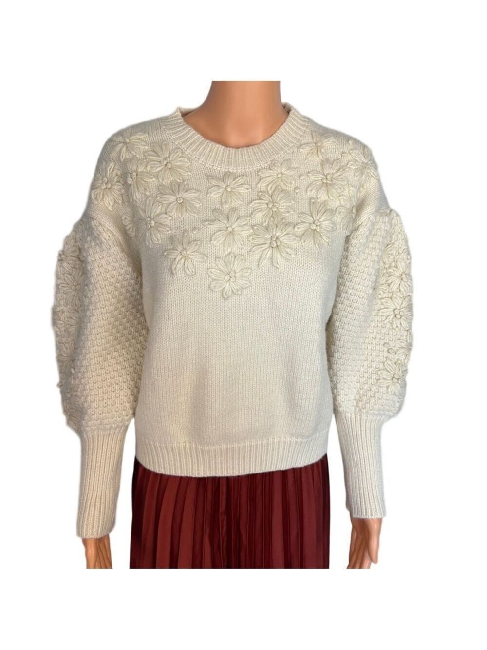Chicwish Sweater Cream Thick Knit Floral Embroidery Women's S/M Oversized